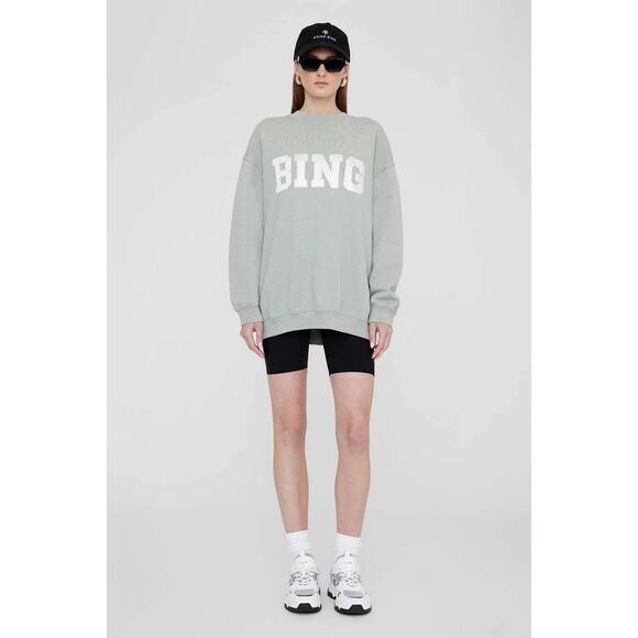 Anine Bing Tyler Cotton Crewneck Sweatshirt Satin Detail - Picture 1 of 14